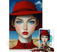 Puzzle da 1000 pezzi con ritratto di donna con cappello rosso,esercizio mentale divertente,pezzi che si incastrano perfettamente,un modo coinvolgente per passare il tempo libero (38x26cm)