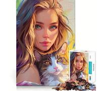 Puzzle da 1000 pezzi con ritratto di donna e gatto,gioco di logica e pensiero creativo,taglio esperto,lavorazione artigianale,momento di tranquillità,esercizio mentale da fare a casa (50x75cm)