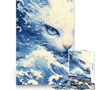 Puzzle da 1000 pezzi con ritratto di gatto dalle onde blu, stimolante per la mente, rilassante e divertente, con bordi lisci, un regalo premuroso (38x52cm)