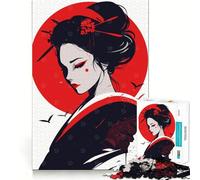 Puzzle da 1000 pezzi con ritratto di geisha giapponese e sole rosso,illustrazione artistica minimalista,gioco di incastro pulito,regalo intelligente,momento di relax,decorazione natalizia (38x26cm)
