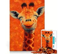 Puzzle da 1000 pezzi con ritratto di giraffa sorridente su sfondo arancione, ideale per adulti Gioco di allenamento mentale, divertente da costruire insieme, taglio di precisione, 38x26cm