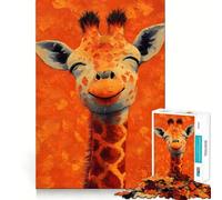 Puzzle da 1000 pezzi con ritratto di giraffa sorridente su sfondo arancione, ideale per ragazzi Gioco di logica semplice e rilassante, con taglio perfetto, perfetto come regalo di compleanno 50x75cm