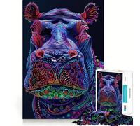 Puzzle da 1000 pezzi con ritratto di ippopotamo al neon per ragazzi, gioco di logica e senso, hobby silenzioso, bordi lisci, (38x26cm)