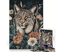 Puzzle da 1000 pezzi con ritratto di lince rossa e composizione floreale,ideale per ragazzi,per allenare la capacità di ragionamento,un'attività rilassante,con bordi di alta qualità e un elegante
