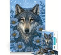 Puzzle da 1000 pezzi con ritratto di lupo e fiori blu,ideale per un divertente gioco di memoria con superficie liscia e priva di sbavature,una sfida stimolante per il tempo libero (38x26cm)
