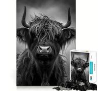 Puzzle da 1000 pezzi con ritratto di mucca delle Highlands in bianco e nero,ritaglio preciso,sfida intelligente e divertente,gioco per il tempo libero,regalo di Natale 38x52cm