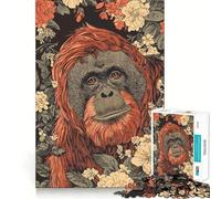 Puzzle da 1000 pezzi con ritratto di orango su sfondo floreale per adulti, gioco di logica, divertente da giocare insieme, bordo premium, regalo elegante (38x52cm)
