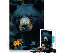 Puzzle da 1000 pezzi con ritratto di orso nero in un ambiente floreale,decorazione elegante e funzionale,attività stimolante per la mente,momento di relax,regalo di Natale divertente (38x26cm)