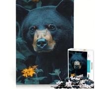 Puzzle da 1000 pezzi con ritratto di orso nero in un ambiente floreale, gioco educativo, divertente antistress, per rafforzare l'amore tra le coppie 50x75cm