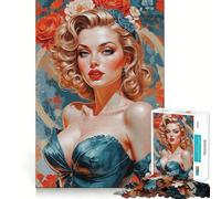 Puzzle da 1000 pezzi con ritratto di pin-up bionda e decorazioni floreali,bordi sottili,giocattolo creativo,gioco per il tempo libero,regalo di compleanno 38x52cm