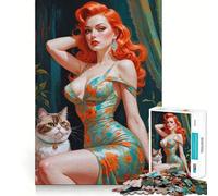 Puzzle da 1000 pezzi con ritratto di pin-up dai capelli rossi e gatto, ideale per ragazzi, gioco di logica, svago e divertimento, taglio liscio, regalo speciale (38x52cm)