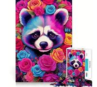 Puzzle da 1000 pezzi con ritratto di procione e fiori per adolescenti, gioco di logica mentale, tranquillo, taglio preciso, articolo dei desideri di Babbo Natale (38x26cm)