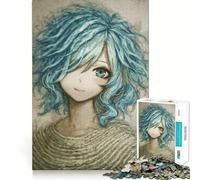 Puzzle da 1000 pezzi con ritratto di ragazza anime dai capelli blu,ideale per sviluppare la memoria,con bordi lisci e incastri perfetti Un modo divertente per riempire il tempo libero (38x26cm)