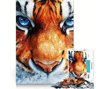 Puzzle da 1000 pezzi con ritratto di tigre ad acquerello dagli occhi azzurri,gioco di costruzione con incastri precisi e sicuri,ideale per le vacanze e il tempo libero in casa (38x26cm)