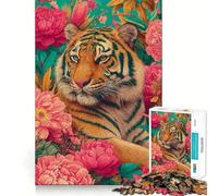 Puzzle da 1000 pezzi con ritratto di tigre circondato da fiori rosa, ideale per ragazzi, gioco di società, bordi precisi, oggetto regalo di Babbo Natale 50x75cm