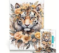 Puzzle da 1000 pezzi con ritratto di tigre e composizione floreale per adulti, gioco stimolante per la mente, gioco di gruppo, dettagli nitidi, regalo delizioso 38x52cm