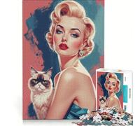 Puzzle da 1000 pezzi con ritratto di una pin-up bionda e un gatto, gioco educativo, divertente antistress, per migliorare l'amore tra le coppie 38x52cm