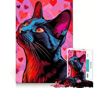 Puzzle da 1000 pezzi con ritratto stilizzato di gatto e sfondo di cuori, ideale per adulti Gioco di allenamento mentale, divertente da costruire insieme, taglio di precisione, 38x52cm