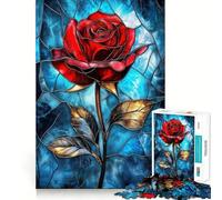 Puzzle da 1000 pezzi con rosa rossa in vetro colorato per adolescenti, ideale per il relax e il divertimento, con dettagli nitidi e perfetti come regalo stagionale 38x26cm