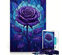 Puzzle da 1000 pezzi con rosa viola e vetrata artistica per adulti, gioco di logica fine, relax, bordi netti, opera d'arte (38x26cm)