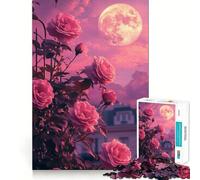 Puzzle da 1000 pezzi con rose rosa e cielo illuminato dalla luna, ideale per adolescenti Gioco di logica stimolante, evasione rilassante, bordi trasparenti, regalo di compleanno (38x26cm)