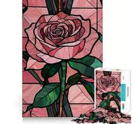 Puzzle da 1000 pezzi con rose rosa e vetrata artistica per adulti e ragazzi, gioco cognitivo, svago divertente, assemblaggio di motivi, regalo festivo 38x52cm