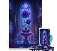 Puzzle da 1000 pezzi con rose viola in una fontana gotica, ideale per ragazzi, gioco di logica e abilità, ideale per momenti di serenità, con tagli precisi (38x52cm)