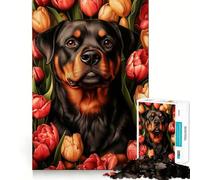 Puzzle da 1000 pezzi con Rottweiler e tulipani per ragazzi, gioco di puzzle stimolante per il relax, ritagli nitidi, regalo per le feste (50x75cm)