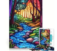 Puzzle da 1000 pezzi con ruscello nella foresta in vetro colorato per adulti, gioco di logica puro, momento di pace, taglio netto, regalo sentito 38x26cm