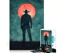 Puzzle da 1000 pezzi con sagoma di cowboy sotto la luna rossa, ideale per ragazzi, gioco di logica e svago, con bordi sottili, regalo speciale 38x52cm