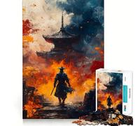 Puzzle da 1000 pezzi con samurai e tempio in un paesaggio infuocato, ideale per ragazzi, gioco di logica e attività per tutta la famiglia, con bordi trasparenti e una piacevole sorpresa (38x52cm)