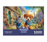 Puzzle da 1000 pezzi con scena di animali accogliente per decorazioni murali - Cucciolo e gatto in giardino, adatto per la decompressione e come decorazione murale per adulti, 52x38 cm/1000 pezzi