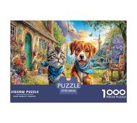 Puzzle da 1000 pezzi con scena di animali, ideale come decorazione da parete e come regalo - Cucciolo e gatto in giardino, carta riciclata per adulti, ottima idea regalo. 38x26 cm/1000 pezzi