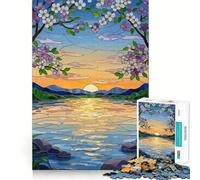 Puzzle da 1000 pezzi con scena di tramonto sul lago e vetrata artistica per adulti, gioco stimolante per la mente, gioco di gruppo, dettagli nitidi, regalo perfetto 38x26cm