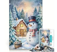 Puzzle da 1000 pezzi con scena invernale di pupazzo di neve ad acquerello e baita di montagna Gioco di concentrazione mentale con bordi lisci e tagliati con precisione Attività coinvolgente