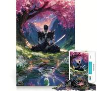 Puzzle da 1000 pezzi con scheletro di samurai in meditazione sotto un ciliegio, gioco di logica fine per adulti, ideale per il tempo libero, con bordi definiti e da collezione (50x75cm)