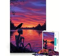 Puzzle da 1000 pezzi con scheletro e corvo al tramonto per adulti, gioco di logica puro, divertimento rilassante, tagli netti, 38x26cm