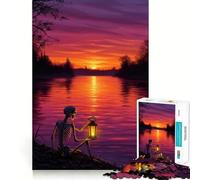 Puzzle da 1000 pezzi con scheletro e lanterna in riva al fiume al tramonto, ideale per adolescenti Un'opera d'arte raffinata e stimolante per la memoria 38x26cm