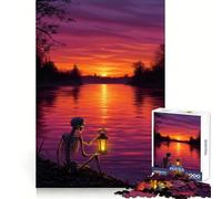 Puzzle da 1000 pezzi con scheletro e lanterna in riva al fiume al tramonto, ideale per adolescenti Un'opera d'arte raffinata e stimolante per la memoria 38x26cm