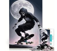 Puzzle da 1000 pezzi con scheletro skater al chiaro di luna per ragazzi, gioco di logica, divertimento al chiuso, bordi precisi, pezzo da collezione 38x26cm