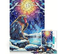 Puzzle da 1000 pezzi con scimmia in vetro colorato in un paesaggio invernale, ideale per adolescenti, stimola la memoria e allevia lo stress Taglio di alta qualità, regalo prezioso 50x75cm