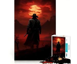 Puzzle da 1000 pezzi con silhouette di pistolero del West su sfondo di luna rossa,ideale per ragazzi,un divertente gioco di memoria e un'attività di gruppo rilassante da svolgere in casa (38x52cm)