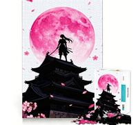 Puzzle da 1000 pezzi con silhouette di samurai e luna rosa per adulti, gioco di logica e antistress, con intagli precisi, oggetto da collezione (38x52cm)