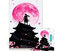 Puzzle da 1000 pezzi con silhouette di samurai e luna rosa per adulti, ideale per rafforzare la memoria, calmare la mente, con bordi di qualità e una piacevole sorpresa (38x26cm)