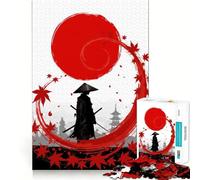 Puzzle da 1000 pezzi con silhouette di samurai, sole rosso e foglie, ideale per adolescenti Gioco di logica stimolante, ideale per momenti di relax, con bordi chiari e un tocco creativo (38x52cm)