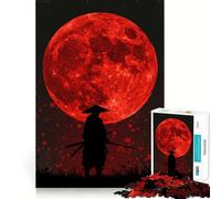 Puzzle da 1000 pezzi con silhouette di samurai sotto la luna rossa, ideale per adulti Gioco di abilità, relax e precisione, con bordi netti Pezzo da collezione (38x26cm)
