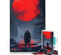 Puzzle da 1000 pezzi con silhouette di samurai sotto la luna rossa, ideale per ragazzi, gioco di abilità mentale, svago rilassante, design da assemblare, regalo di alta qualità (38x52cm)