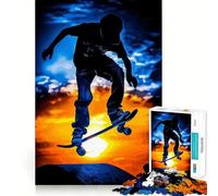 Puzzle da 1000 pezzi con silhouette di skater al tramonto e adolescente, stimola la logica, ideale per tutta la famiglia, con bordi di alta qualità 38x52cm