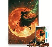 Puzzle da 1000 pezzi con silhouette di strega che vola davanti a una luna infuocata, ideale per adolescenti, gioco di logica e antistress, con taglio preciso, regalo perfetto per Babbo Natale 38x52cm