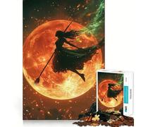 Puzzle da 1000 pezzi con silhouette di strega che vola davanti a una luna infuocata, ideale per adulti Rafforza la memoria, rilassante e divertente, con bordi di qualità Un regalo perfetto 38x26cm